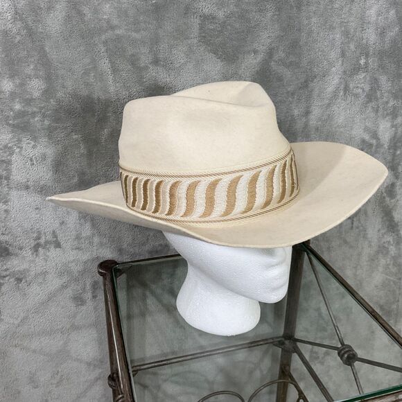 Olive & Pique off white Wool Felt Wide Brim Rancher Hat Tan Band Adjustable OSFM - Picture 2 of 8